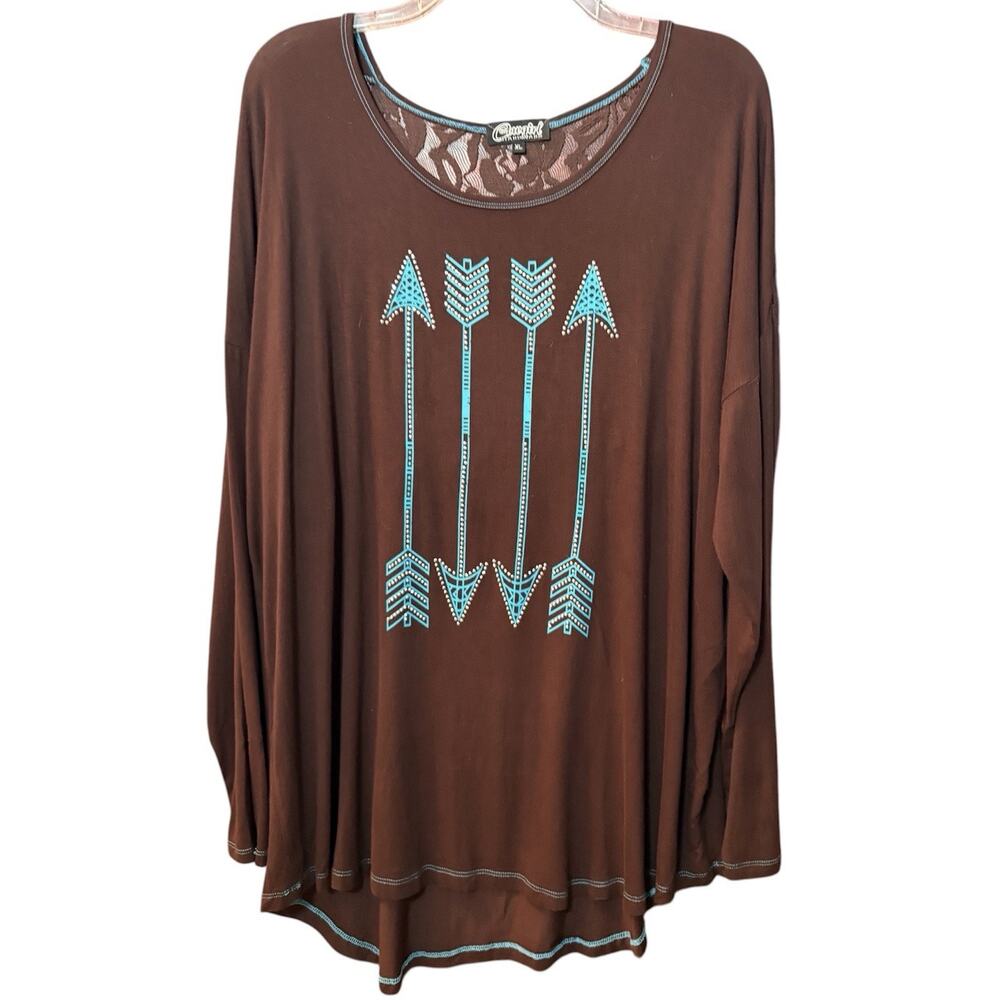 Cowgirl Hardware Brown Embellished Long Sleeve Knit Top with Lace Size XL